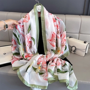 Elegant silk-feel beach shawl with pink tulip floral print and olive green borders