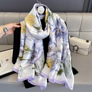 Elegant floral satin silk shawl featuring yellow lilies and lavender tulip patterns
