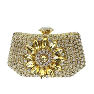 Luxury gold evening clutch bag with crystal rhinestones and yellow sunflower gem pattern