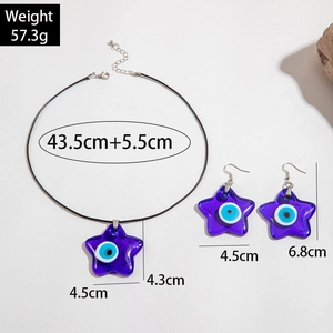 Blue Evil Eye Star necklace and earring jewelry set with black cord for women