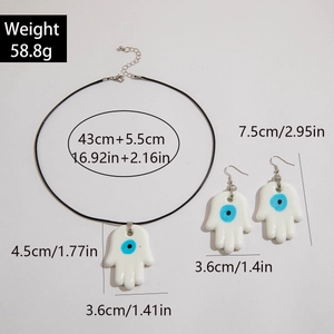 Detailed size specifications for blue evil eye Hamsa pendant necklace and earrings set