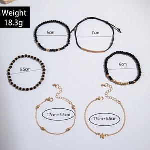 Ensemble de 6 bracelets bohèmes avec perles noires et breloque étoile dorée