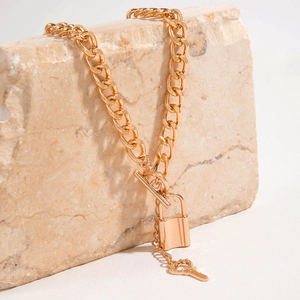 Hip-hop style gold chunky cuban chain necklace with heart key and lock pendant and OT clasp