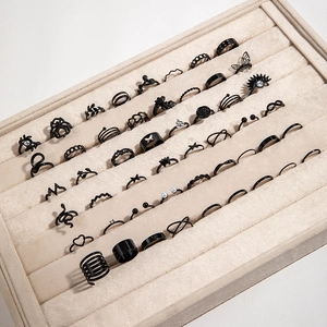Gothic black alloy ring set featuring butterfly, snake, and heart designs on velvet