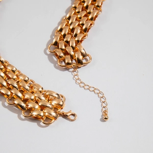Detail of gold mesh chain necklace with lobster clasp and adjustable extension links