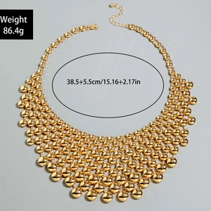 Detailed view of multilayer gold bead choker necklace with dimensions and weight info