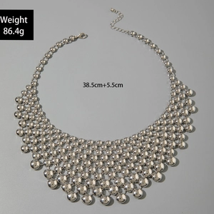 Detailed view of layered silver bead bib necklace with weight and length dimensions