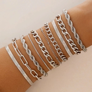 Ten-piece silver metal chain bracelet set featuring snake and wheat link styles for women