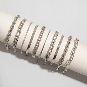 10-piece set of silver metal bracelets with twisted rope and flat snake chain designs