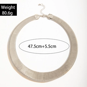 Silver pleated wide metal choker necklace with vertical stripe texture and lobster clasp