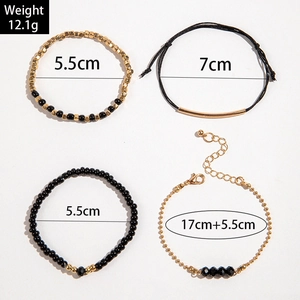 Lot de 4 bracelets perlés faits main avec perles dorées, cordons noirs et tubes métal