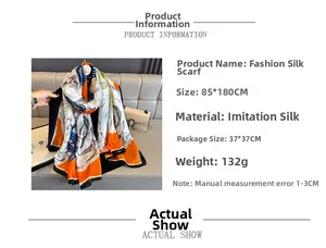 Detailed chart showing 85x180CM dimensions and 132g weight for the imitation silk shawl
