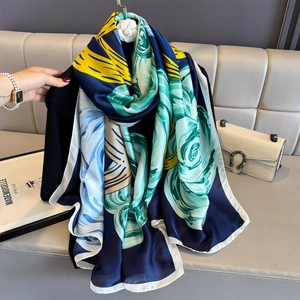 Elegant satin silk shawl with blue and yellow floral prints for summer sun protection
