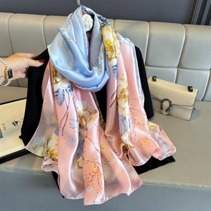 Large Satin Satin Like Scarf Floral Butterfly Print Long Shawl Wrap Sun Protection For Summer Travel Elegant Women