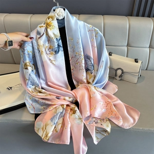 Elegant satin silk scarf with blue pink gradient and yellow floral print for women