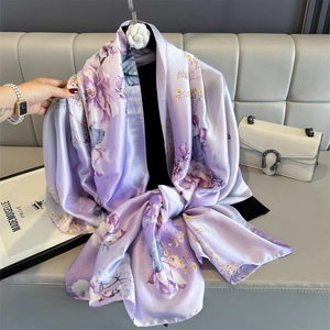 Elegant purple floral satin scarf for women with soft glossy texture for sun protection