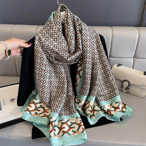 Elegant Fashion Scarf Large Long Faux Satin Geometric Print Shawl Sun Protection Versatile Wrap For Women Accessories