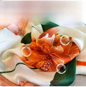 Detailed view of lightweight faux silk fabric featuring orange peony floral prints