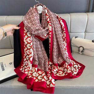 Summer fashion printed silk shawl with red and white geometric chain patterns