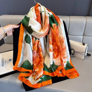 Floral Print Scarf Women Faux Satin Shawl Lightweight Sun Protection Elegant Satin Wrap Summer Luxury Style