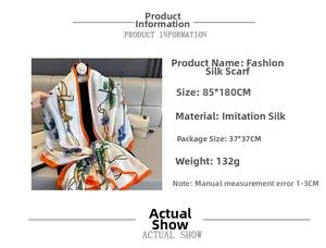 Detailed size specifications for the floral satin long scarf with orange borders