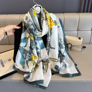 Elegant floral satin silk scarf with vintage green and yellow botanical print on white