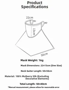 Size chart for 100% mulberry silk sun protection face mask and neck gaiter with dimensions
