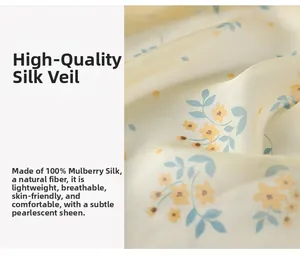Detail of 100% mulberry silk floral sun mask showing lightweight breathable fabric texture