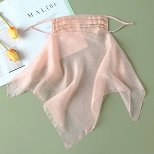 Detail of light pink silk sun protection face mask with floral neck gaiter for women