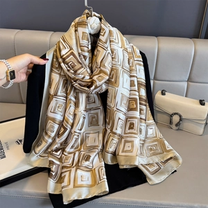 Elegant Geometric Print Satin Scarf Large Shawl For Women Versatile Sun Protection Windproof Thin Silk Like Fashion Wrap Scarf