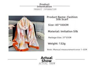 Detail of faux silk scarf with orange and cream feather pattern, size 85x180cm