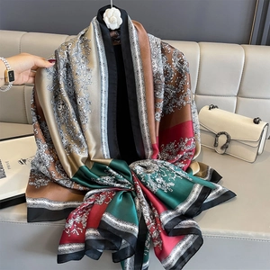 Classic paisley silk-like shawl with elegant color block splicing and satin finish