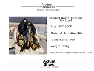 Detailed specs of the 85x180cm floral imitation silk scarf with weight and size data