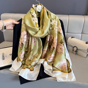Versatile floral silk shawl wrap with green and cream paneling and rose prints