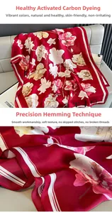 Detail of red floral silk scarf showing premium stitching and vibrant eco-friendly dyeing