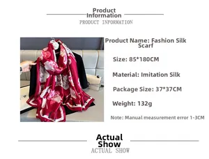 Detail of red floral satin scarf shawl, 85x180cm size, soft imitation silk material