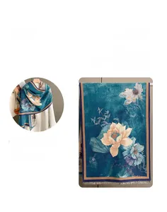 Detailed close-up of peacock blue scarf featuring artistic lotus patterns and fine fringe
