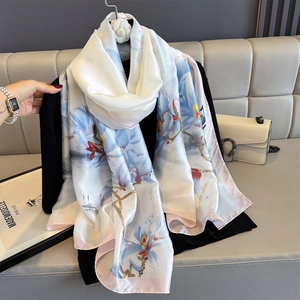 Satin Satin Long Scarf Printed Floral Shawl Sun Protection Elegant Lightweight Breathable Wrap For Women Fashion Accessory