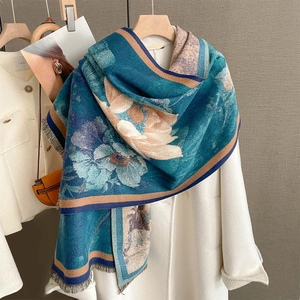 Vintage Floral Print Winter Scarf Shawl For Women Warm Cashmere-Like Acrylic Artistic Oil Painting Style Tassels Wraps