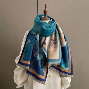 Elegant oversized floral shawl scarf with tassels and artistic abstract pattern