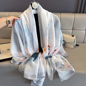 Elegant silk satin long scarf with artistic floral landscape print for sun protection
