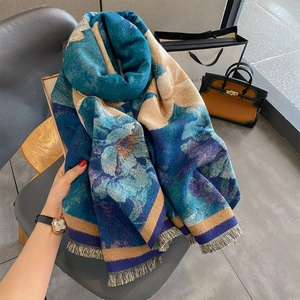 Elegant floral print shawl in navy blue and beige with refined short fringe trim