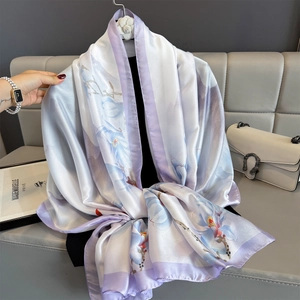 Elegant floral print satin silk scarf in light purple and blue for summer sun protection