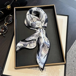 Vintage dragonfly silk scarf for women with black floral print and pearl ring buckle