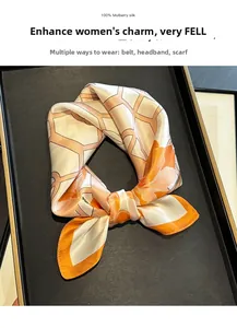 Detail of 100% mulberry silk scarf with geometric floral print in an elegant display box