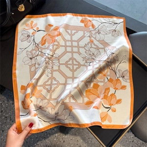 Vintage orange and beige silk square scarf with magnolia floral and lattice print