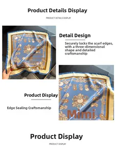 Detailed macro view of light blue silk scarf with yellow floral patterns and hand-rolled edges