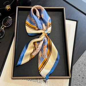 Mulberry Satin Square Scarf Neckerchief With Artificial Pearl Buckle Printed Ribbon Bow Shell Pattern For Women Elegant Decoration