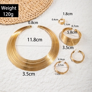 Golden multi-layer wire jewelry set including neck ring, bracelet, earrings and ring