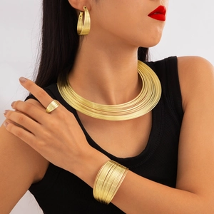 Fashion Multi Layer Wire Metal Choker Open Cuff Bracelet Earrings Ring Punk Style Geometric Jewelry For Women